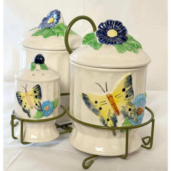 Antique ceramic condiment set with holder - Picture 2 of 7